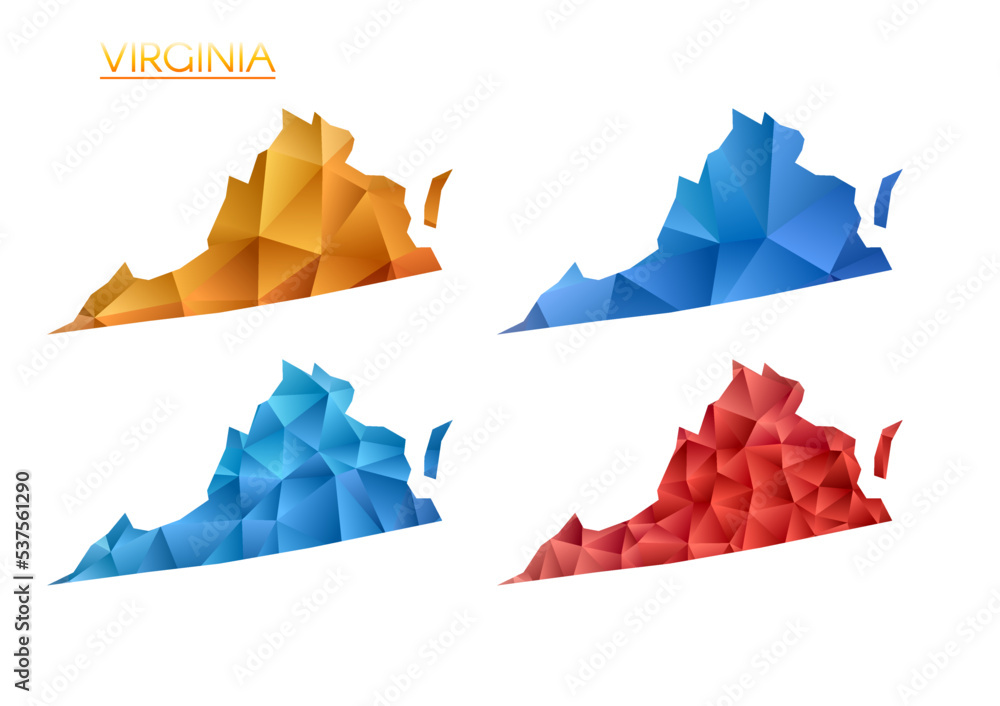 Poster set of vector polygonal maps of virginia. bright gradient map of the us state in a low poly style. m