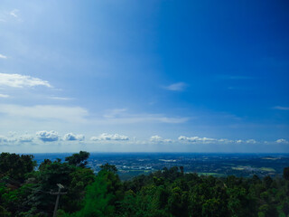 Clouds lined up in a line in the blue sky