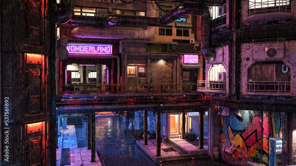 Poster rainy night in a futuristic multi level urban cyberpunk city environment built over a canal. 3d rend