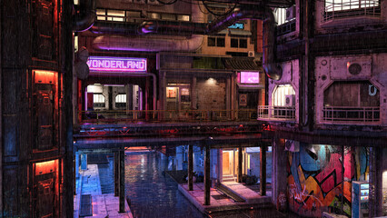 Rainy night in a futuristic multi level urban cyberpunk city environment built over a canal. 3D rendering. © IG Digital Arts