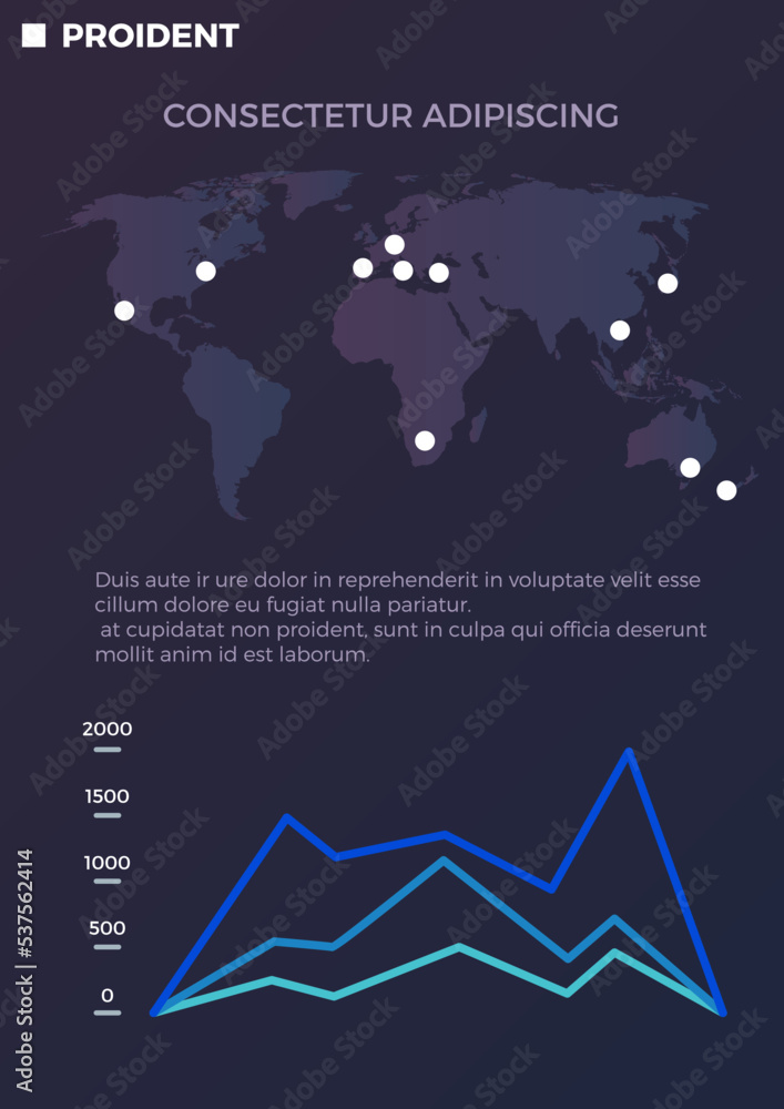 Poster statistic page template with world map and line chart