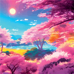 Obraz na płótnie Canvas vector illustration. artistic picture Japan volcanic mountains. Asian scenic wallpaper with cherry trees Mount Fuji background. Extremely beautiful pink trees with volumetric light in anime style. 