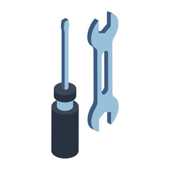 Open end Wrench and Slotted Screwdriver hand tool Concept Vector Icon isometric Design, Motor Vehicle Service and automobile repair shop Symbol, Lorry spare parts Sign,  automotive technician equipmen