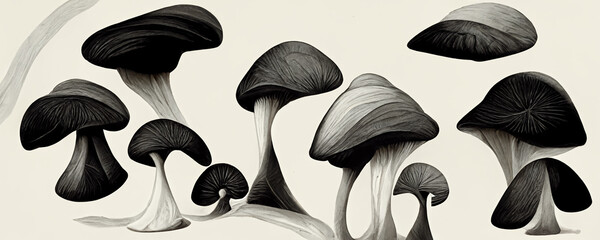 Abstract black and white Mushrooms, trippy psychedelic lsd art. For: Web banner, texture, pattern, wallpaper.