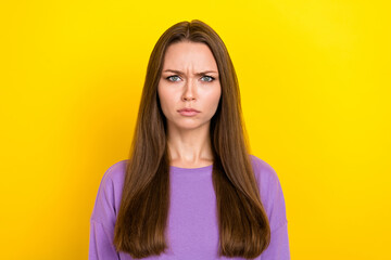 Closeup photo unhappy grimace cute woman eyebrows pouted lips serious dont like her new hairstyle after salon advert isolated on yellow color background