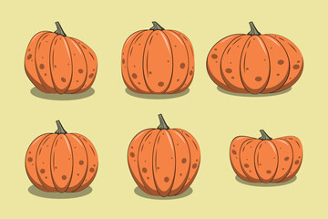 Pumpkin flat icons set. Sign kit of halloween. Thanksgiving pictogram collection farm harvest, closeup squash, vegetable. Simple pumpkin cartoon colorful icon symbol isolated with yellow background.
