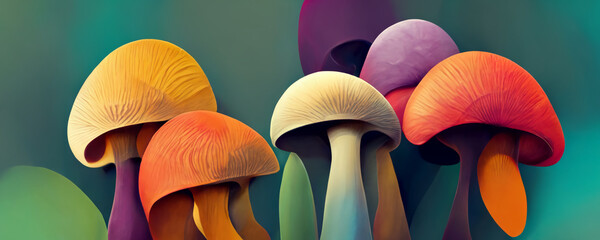 Abstract colourful Mushrooms, trippy psychedelic lsd art. For: Web banner, texture, pattern, wallpaper. - obrazy, fototapety, plakaty