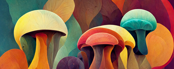 Abstract colourful Mushrooms, trippy psychedelic lsd art. For: Web banner, texture, pattern, wallpaper. - obrazy, fototapety, plakaty