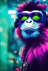 Ein fiktives Porträt eines Punk-Affen mit Kopfhörern und bunten Haaren. Ein Hipster-Affe mit Punkfrisur. 3D-Rendering © designprojects