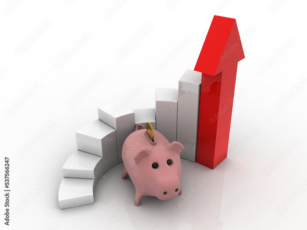 Poster 3d rendering pig coin bank with business graph