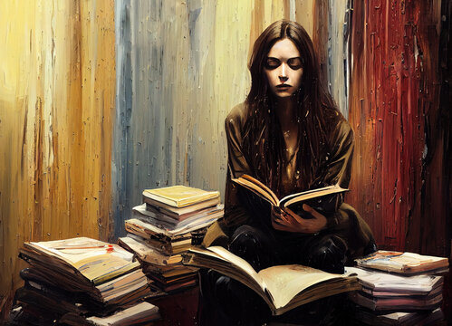 Painting Of A Woman Surrounded By Books