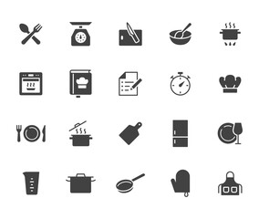 Cooking flat icon set. Kitchen tools - pan, pot, dinner utensil, cookbook, chef hat minimal vector illustration. Simple glyph, silhouette sign of food recipe instruction