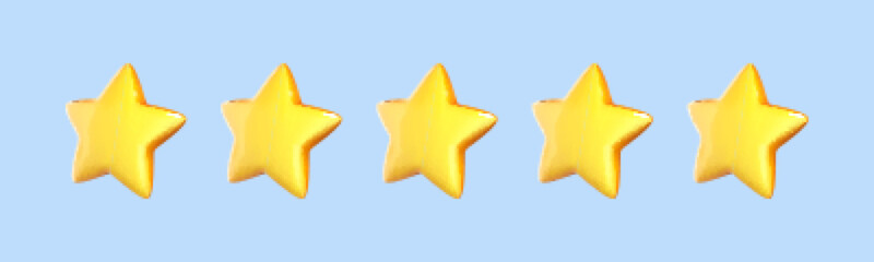 Five yellow stars isolated on blue background. Customer review and rating concept. Vector 3d illustration