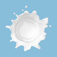 Fototapeta na wymiar Milk splash isolated on blue background. Natural dairy product, yogurt or cream in crown splash with flying drops. Realistic Vector illustration