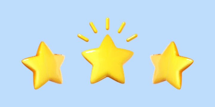 Three yellow stars isolated on blue background. Customer review and rating concept. Vector 3d illustration