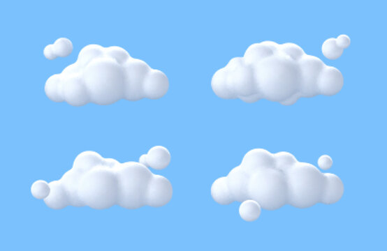 3D white clouds. Soft round cartoon fluffy cloud icons isolated on blue background. Vector 3d illustration in cartoon style