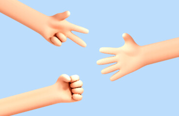 3D cartoon hand gestures. Vector cartoon hands play rock paper scissors game. Rock paper scissors hand game process.