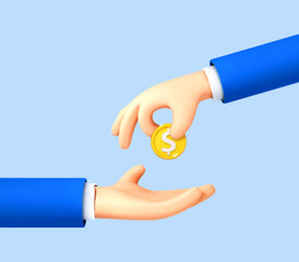 3D cartoon hand giving coin to palm on blue background. Money payment concept. Vector 3d illustration