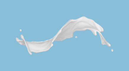 Milk splash isolated on blue background. Natural dairy product, yogurt or cream with flying drops. Realistic Vector illustration