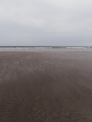 Fototapeta na wymiar The shore of the Sea. Wet beach on a cool day. Minimalistic seascape. Cloudy weather.