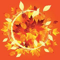 Autumn Sale Design with Falling Leaves on orange Background. Autumnal Vector Illustration with round elements for Special Offer, for Coupon, Voucher, Banner, Flyer, Poster or textile design