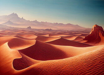 A picture of the desert mountain landscape, sand and dunes in the desert. A breathtaking landscape illustrated view