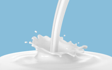 Milk splash isolated on blue background. Natural dairy product, yogurt or cream in crown splash. Realistic vector illustration