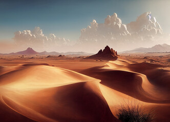 A picture of the desert mountain landscape, sand and dunes in the desert. A breathtaking landscape illustrated view