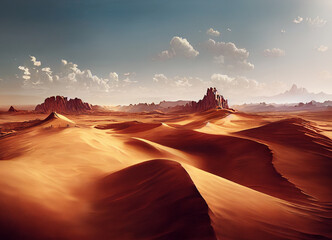 A picture of the desert mountain landscape, sand and dunes in the desert. A breathtaking landscape illustrated view - obrazy, fototapety, plakaty