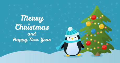 Greetings card with a cartoon penguin sitting near the Christmas tree. Cute Christmas seasonal illustration in flat cartoon style.