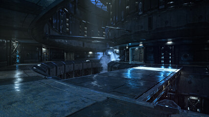 Dark moody atmospheric science fiction space station environment. 3D illustration. © IG Digital Arts