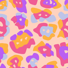 Animal skin abstract seamless pattern rainbow 90s style. Jaguar spots background. Chaotic blobs, psychedelic cat skin.