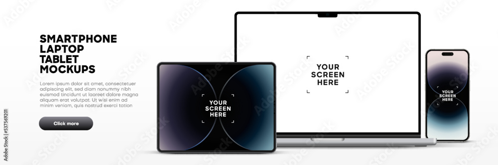Fototapete Modern laptop mockup front view and high quality smartphone and tablet mockup isolated on white background. Notebook mockup and phone device mockup for ui ux app and website presentation.Stock Vector.