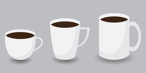 Set of three white cups. A cup of coffee or tea. Vector illustration