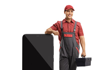 Repairman leaning on a big smartphone and holding a tool box