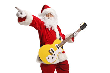 Cheerful santa claus with a yellow electirc guitar pointing
