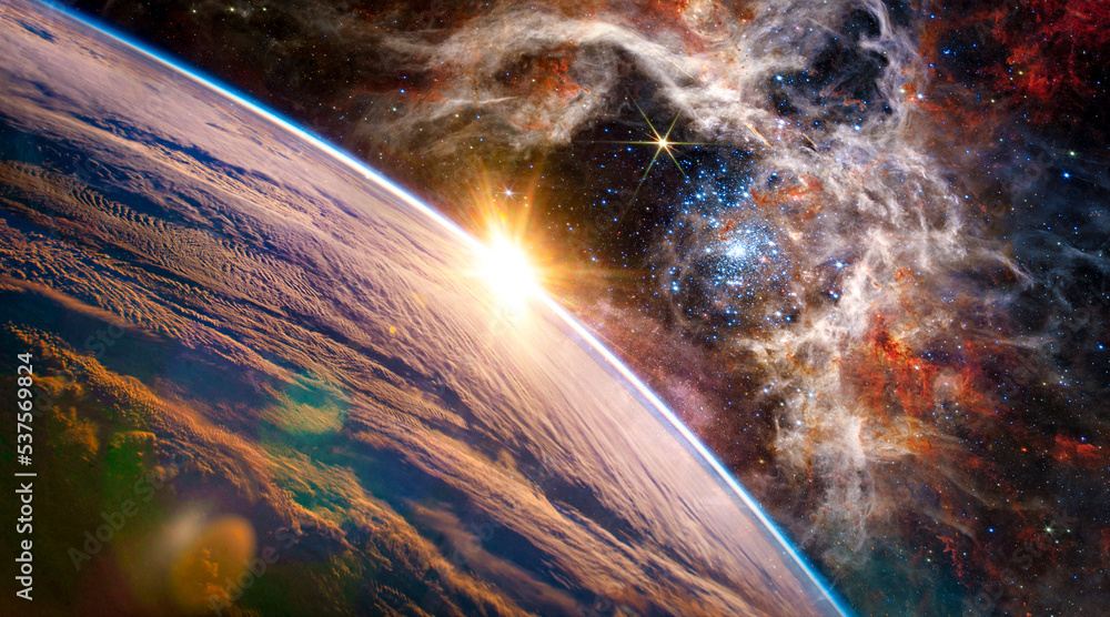 Wall mural landscape of planet, sunrise and earth view from space. (elements of this image furnished by nasa)