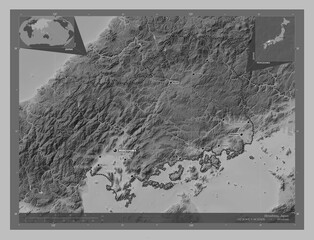 Hiroshima, Japan. Grayscale. Labelled points of cities