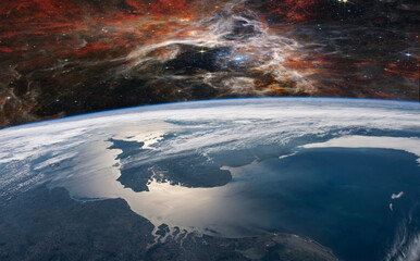 Landscape of Planet, Sunrise and Earth view from space. (Elements of this image furnished by NASA)