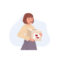 charity campaign and voluntary concept. Female volunteer holding donation box. vector illustration.