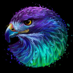 Red-tailed hawk. Abstract, Multicolored, Neon portrait of a hawk in watercolor style on a black background. Digital vector graphics.