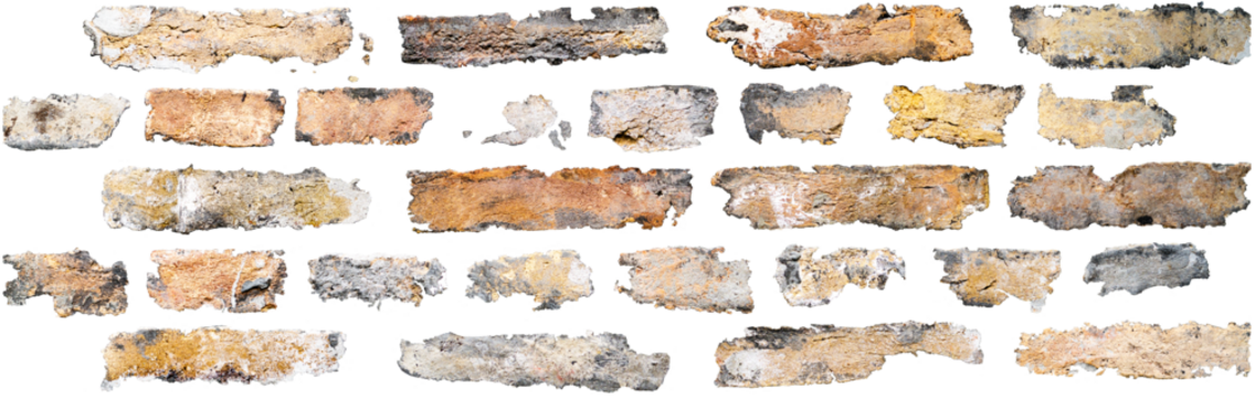 Design elements of real brickwork and bricks against white background.