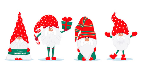 Three cute Christmas gnomes. Vector characters in flat style. Set of Christmas gnomes with gifts candies illustration.