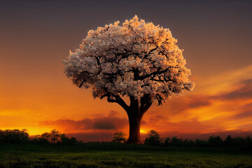 tree at sunset. Digital illustration 