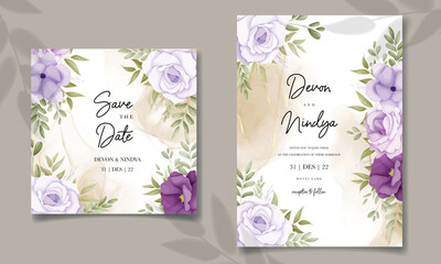 Elegant wedding invitation card with purple flower decoration