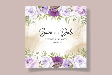 Elegant wedding invitation card with purple flower decoration