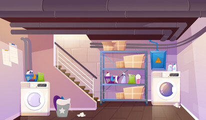 Vector cartoon interior of house basement with washing and dryer machine, stairs, basket with dirty linen, carton boxes and detergents on shelves. Laundry room or home cellar in cottage.