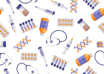 Seamless pattern with medical and healthcare items. Equipment for pharmacies and hospitals.