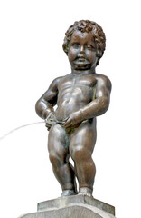 Statue of a pissing boy Manneken Pis in Brussels isolated - obrazy, fototapety, plakaty