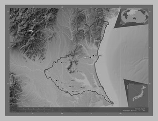 Ibaraki, Japan. Grayscale. Labelled points of cities